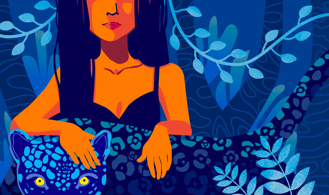 illustration of a woman and a jaguar in a jungle