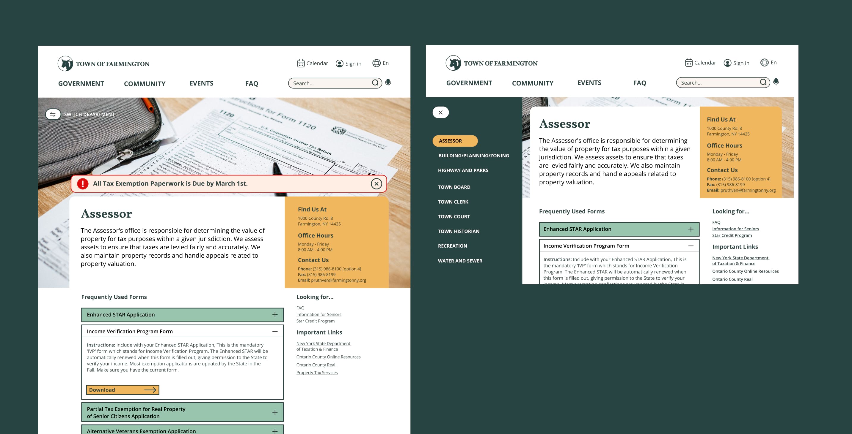 desktop assessor page with switch-page menu