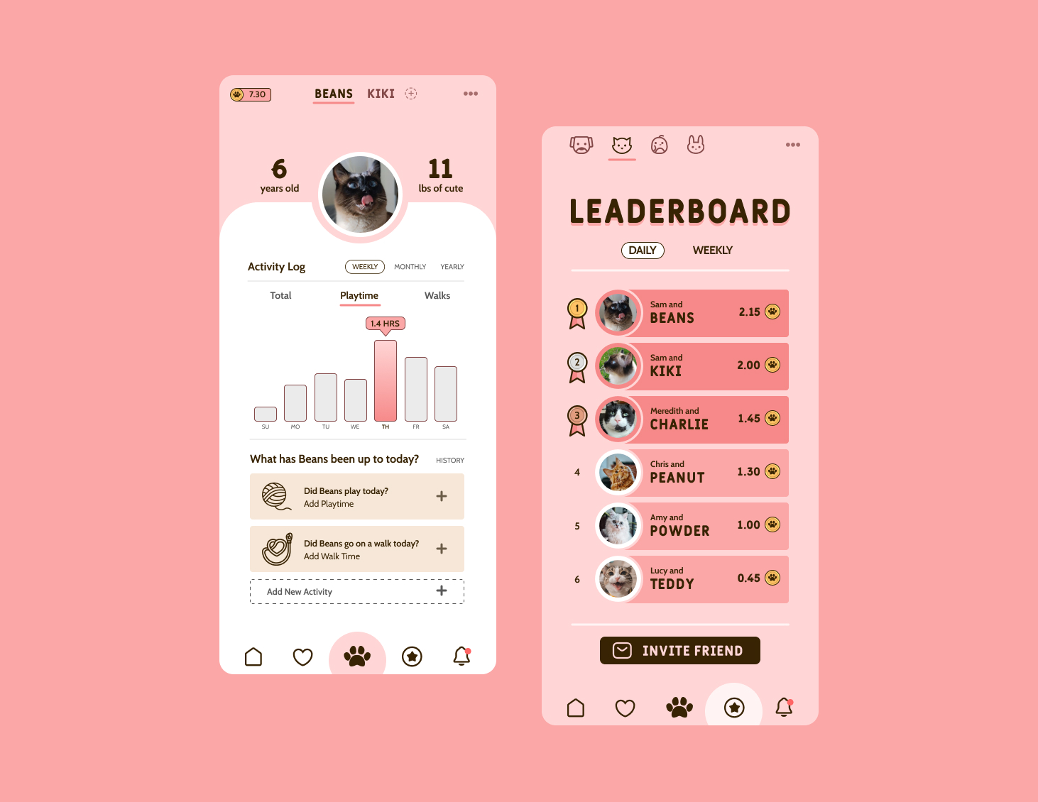 Two frames designed in Figma that display a home page with pet stats and a leaderboard.