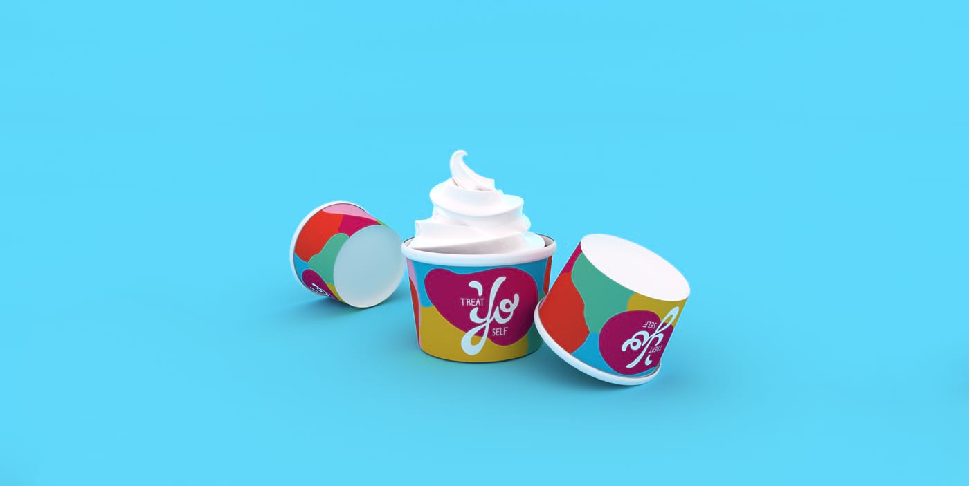 large image takes full-width of screen, depicting mockup of frozen yogurt cups.